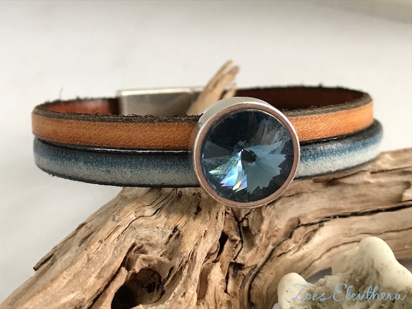 Bracelet leather motif double magnetic clasp blue vintage brown crystal stone blue