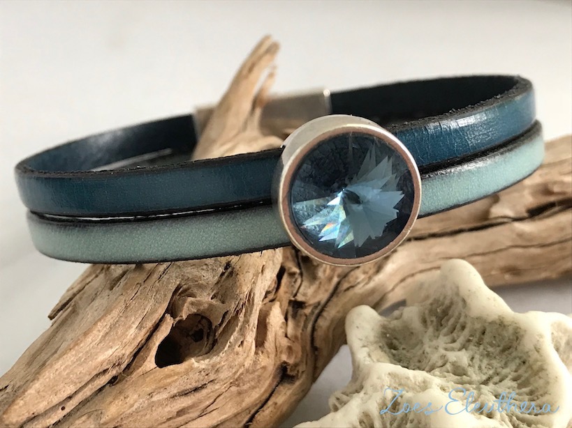 Bracelet leather motif double magnetic clasp blue vintage light blue crystal stone blue