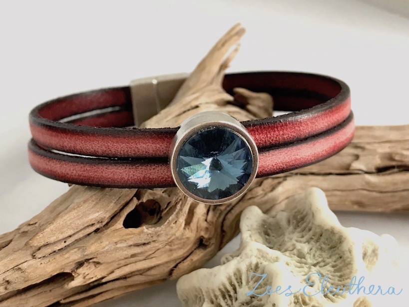 Armband Leder Motiv doppelt Magnetverschluss rot vintage Kristall Stein blau